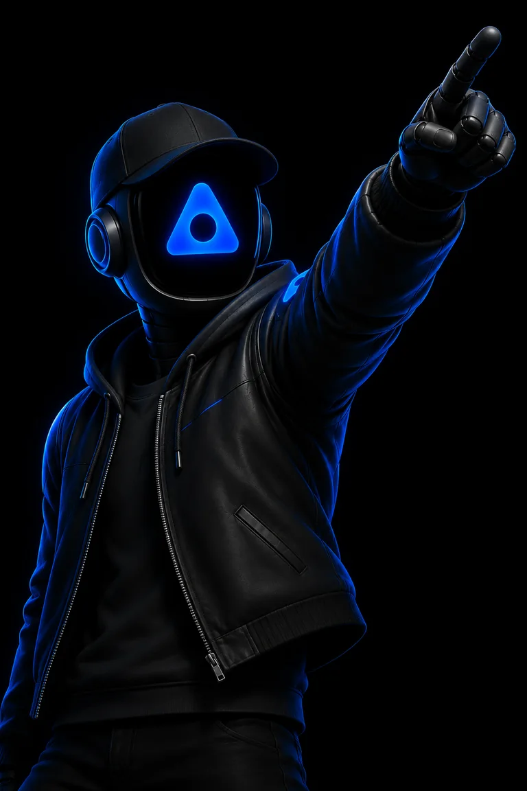 Max in a cap and leather jacket, pointing up